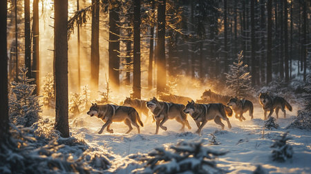 Dogs running in the forest at sunset. Beautiful winter landscape.