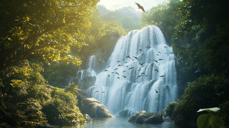 Tropical waterfall with birds flying in the jungle. Nature background