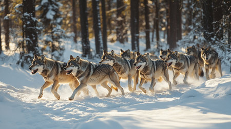 Husky dogs running in winter forest. Lapland, Finland