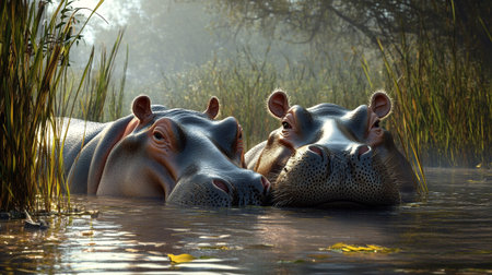 Hippos in the water in the morning. 3d rendering