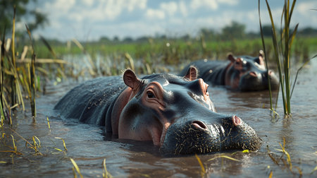Hippos in the water in the Okavango Delta, Botswana