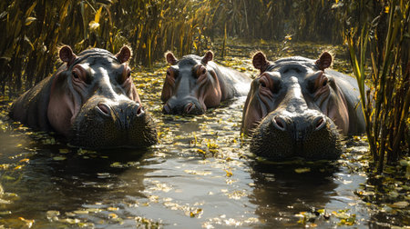 Hippos in the water. Hippopotamus, Hippopotamus amphibius