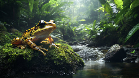 Frog in the rainforest. 3d render. Wildlife concept.