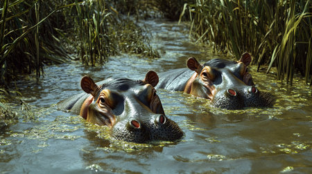 Hippopotamus in the river - 3D render. Hippopotamus in water