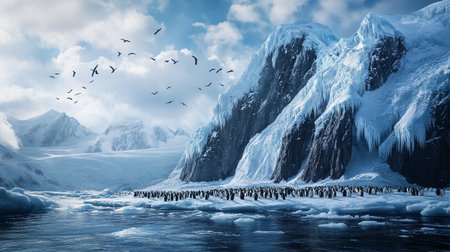 Group of penguins and icebergs in the ocean. 3D rendering