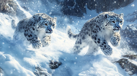 Snow leopard, Panthera uncia, in the snow, 3d render