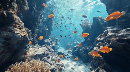 Underwater view of coral reef with tropical fishes and corals.の写真素材