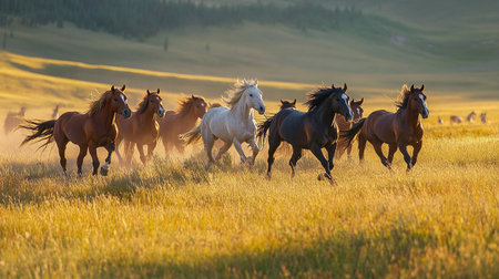 Herd of horses galloping in the meadow at sunset.
