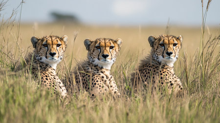 Three cheetahs sitting in grass in Masai Mara, Kenya