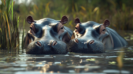 Hippopotamus in the water, 3d rendering. Computer digital drawing.