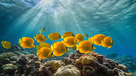 Tropical fish on coral reef with sun rays and lens flare