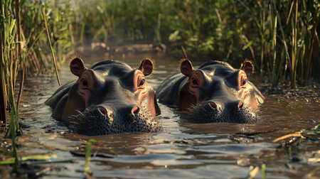 Hippos in the water in the Okavango Delta, Botswanaの写真素材
