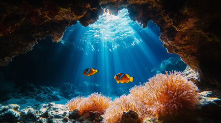 Anemonefish swimming in the underwater cave of a coral reef