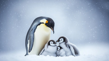 King penguin and baby penguin on snow background. Winter sceneの写真素材