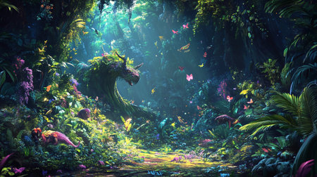Fantasy forest with a dragon in the jungle. 3d renderingの写真素材