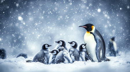 Group of penguins with chicks on snow background. 3d renderingの写真素材