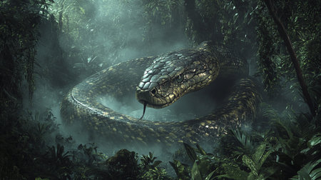 3D rendering of a cobra snake in the jungle with fog