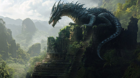 Dragon statue in the jungle. 3d rendering. Computer digital drawing.