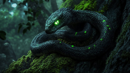 3D rendering of a black snake with green eyes in the forestの写真素材