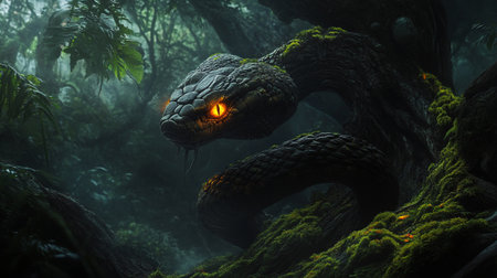 3d render of fantasy snake in the forest with fog background.