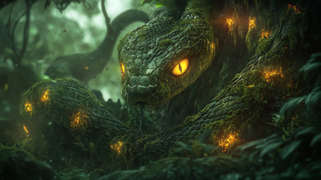 Fantasy snake in the dark forest. 3D rendering illustration.