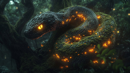3d rendering of a dark snake in the forest at night.