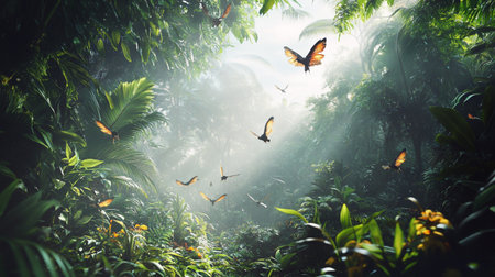 Beautiful tropical forest with sunlight and flying butterflies. Nature background.