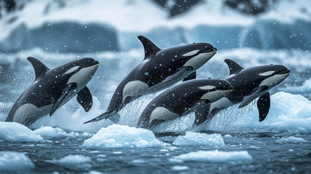 Group of killer whales on ice floe in Antarctica. 3d rendering