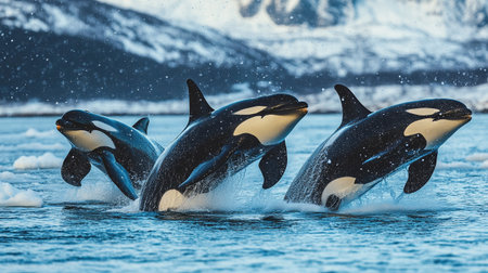Group of killer whales in the ocean. Scientific name: Orca Orca orca.