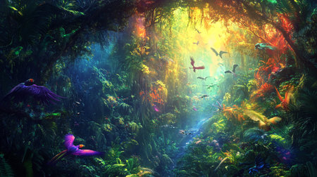 Fantasy tropical forest with flying birds. 3d render illustration.