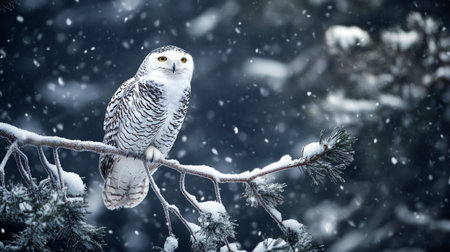 Snowy owl sitting on a tree branch during a snowfall.