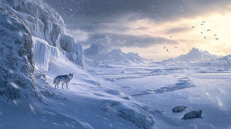 Fantasy winter landscape with a wolf. 3d rendering. Computer digital drawing.