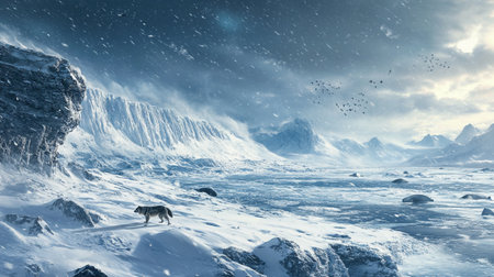 Fantasy landscape with a wolf in the snow. 3d rendering