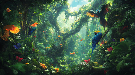 Parrots in the jungle of Bali island. 3d rendering