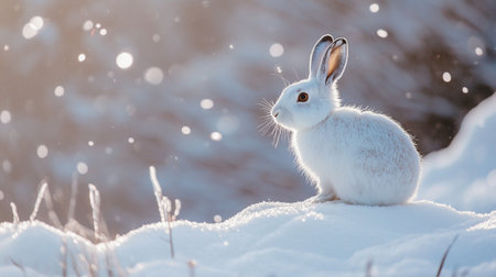 White hare on a snowy meadow in winter with snowflakes