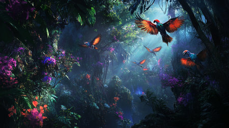 Tropical jungle with exotic birds and flowers. 3d rendering