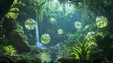 Bubbles in the jungle of tropical rainforest. 3d rendering