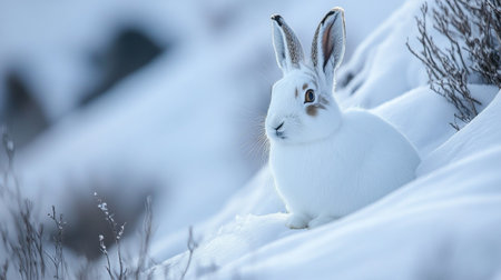 White hare sitting on a snow covered field in wintertime.