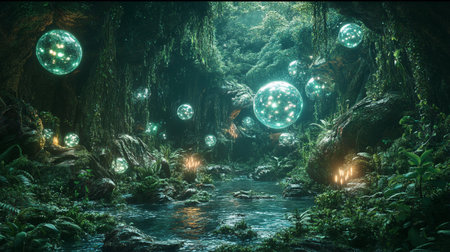 Bubbles in the cave with light at night. 3d rendering