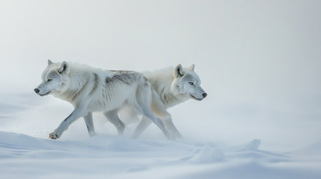 Two white wolves running in the snow in winter. Snowy landscape.の写真素材