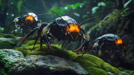 Close-up of giant black scorpion on green moss in forest