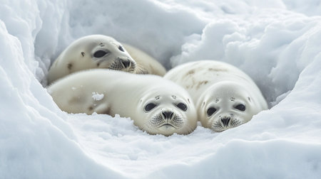 Baby seals in the snow, Antarctic Peninsula, Antarctica.