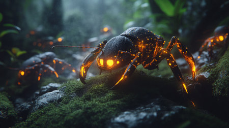 Fantastic spider in the forest. 3D Rendering.