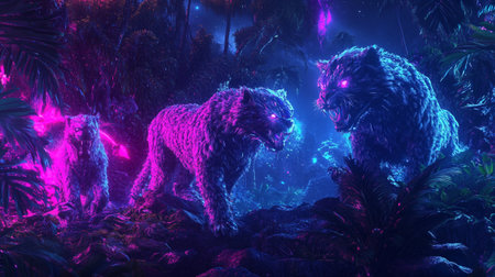 3D rendering of a couple of bears in the jungle with neon lights