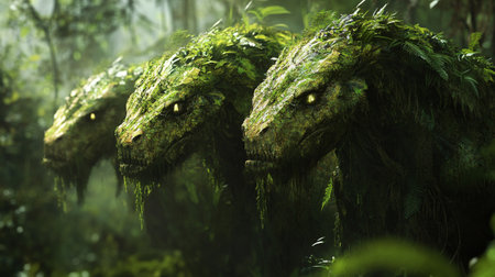 Fantasy landscape with fantasy monsters in the forest. 3d rendering
