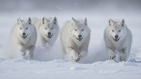 Three white wolves running on snow in winter. Canis lupus