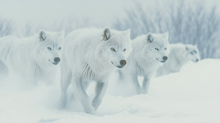 Group of white wolf in the snow, winter time, toned