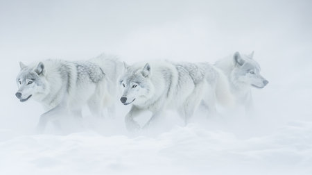 Three wolfs running in the snow in winter, Canis lupus