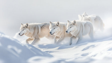 Three white wolves running in the snow in the Arctic. Canis lupus