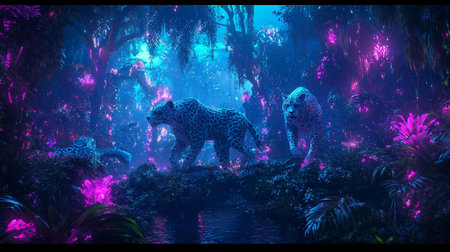 Jaguar and leopard in the jungle. 3d rendering